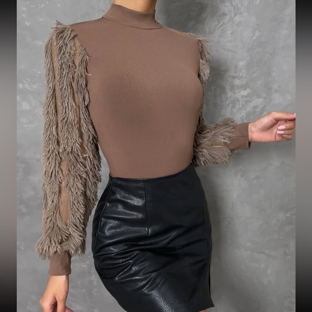 Cozy Faux Fur Fuzzy Long Puff Cuff Sleeve Mock Neck Top Blouse Shirt Black - Picture 8 of 16